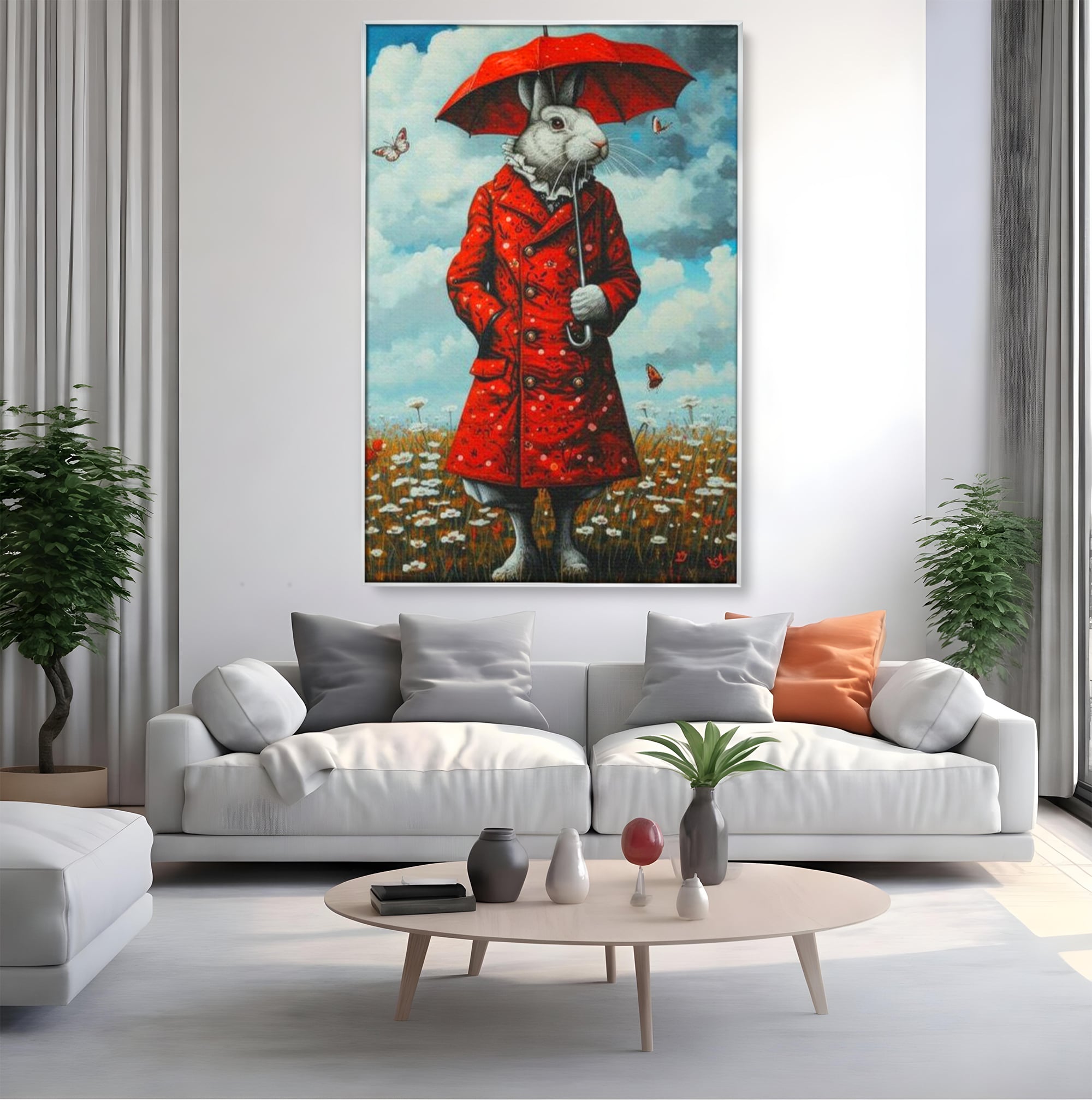 Tablou canvas cu tablou canvas cu iepure antropomorf in haina rosie, in rama de aluminiu argintiu, pe perete intr-un living